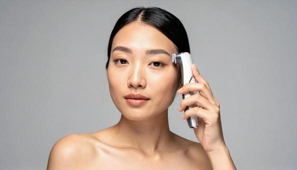 電気シェーバーで顔剃りする若い日本人女性 電気シェーバーで顔剃りする若い日本人女性の写真