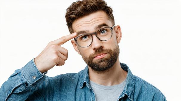 ”考えてるか?”とジェスチャーする男性 ”考えてるか?”とジェスチャーする男性の写真