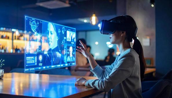 スマートカフェでホログラムを操作する女性の写真