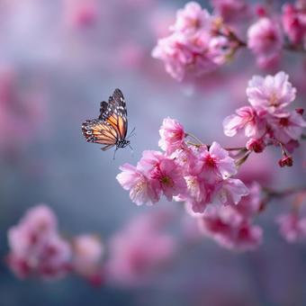 ピンク色の桜のそばを飛ぶ蝶 ピンク色の桜のそばを飛ぶ蝶の写真