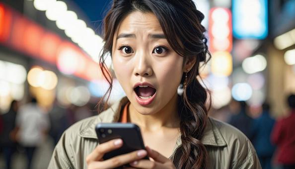 携帯電話を見て驚いている女性の写真