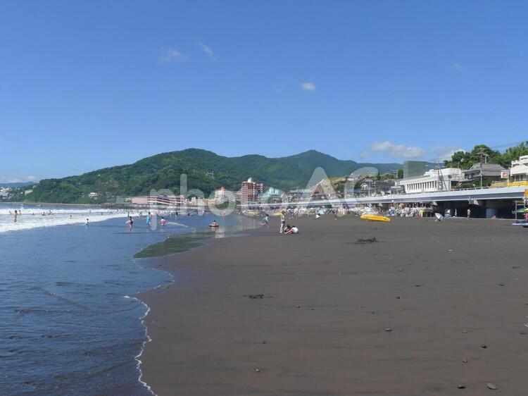 夏のビーチ（写真の中央から奥に向かって海水浴客）、湯河原海水浴場 海水浴,夏休み,梅雨明けの写真素材