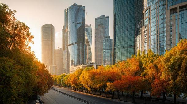 秋のビジネス街シルエットと紅葉 秋のビジネス街シルエットと紅葉の写真