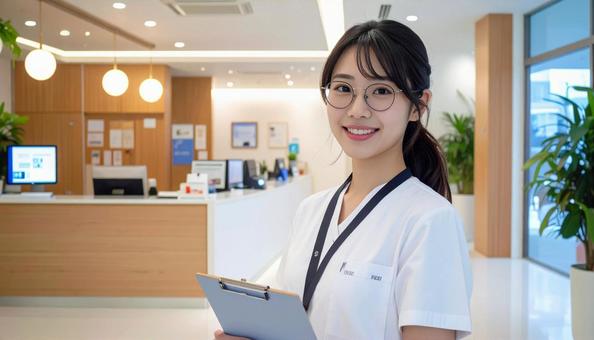 病院の受付をしている笑顔の女性の写真