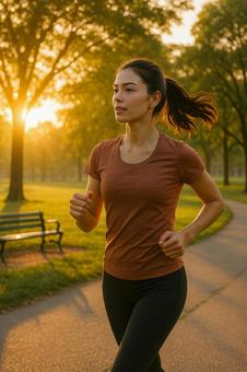 ランニングする女性と朝焼けの公園 ランニングする女性と朝焼けの公園の写真
