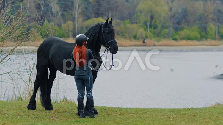 湖畔にたたずむ黒馬と女性の騎手 馬,全身,黒の写真素材