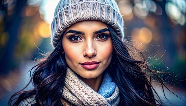 ニット帽をかぶる女性 冬 ニット帽をかぶる女性 冬の写真