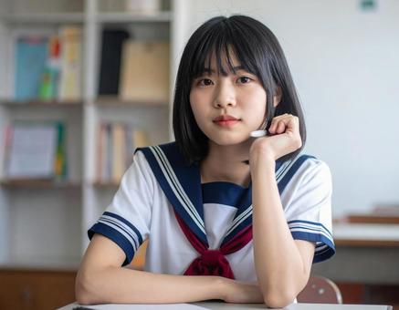 授業中に悩むセミロングヘアの女子学生の写真