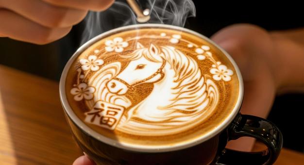 福の文字と馬が描かれたラテアート の写真