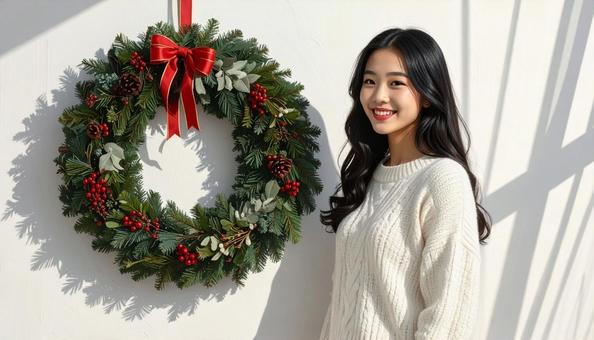 クリスマスデコレーションと女性 クリスマスデコレーションと女性の写真