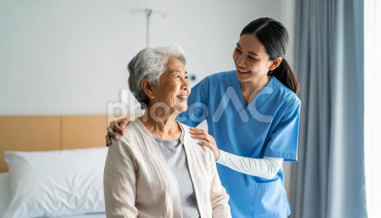 帰宅願望が強い高齢女性患者と励ます看護師 帰宅願望,認知症,共感的理解の写真素材