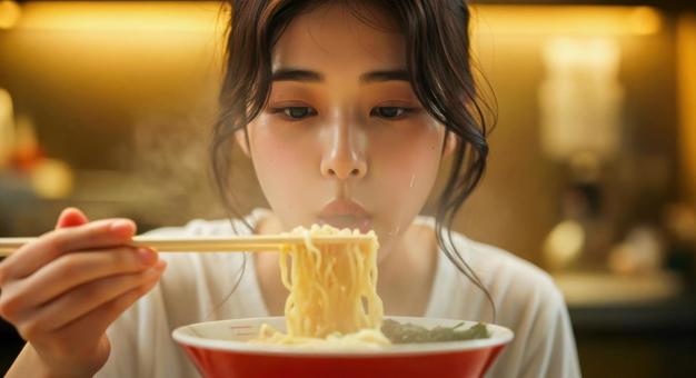 熱々ラーメンを食べる女性の飲食シーン 熱々ラーメンを食べる女性の飲食シーンの写真