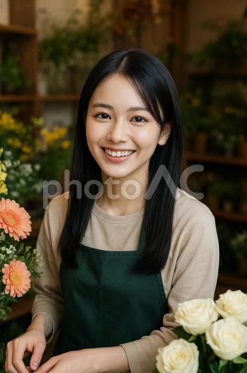 お花屋さんで働く素敵な笑顔の女性 女性,ブーケ,微笑むの写真素材