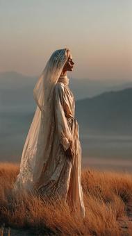 風になびくベールと、広大な花畑の景色 風になびくベールと、広大な花畑の景色の写真