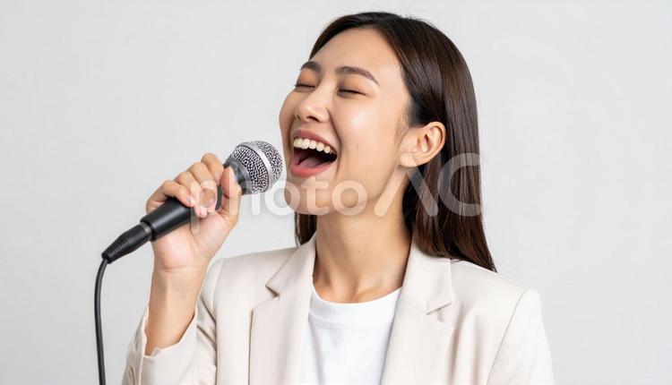 マイクを持って熱唱する日本人女性  マイク,女性,歌うの写真素材