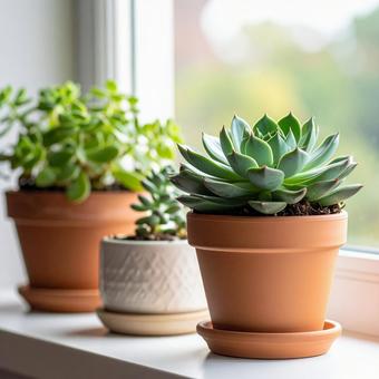 多肉植物が窓辺に並ぶ 多肉植物が窓辺に並ぶの写真