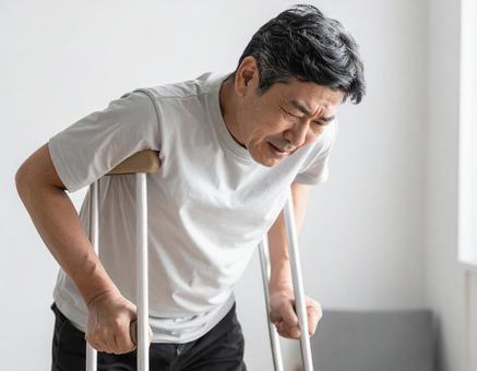 松葉杖をつく男性 松葉杖をつく男性の写真