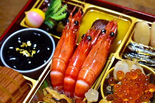 お正月のおせち料理 重箱,お重,海老の写真素材
