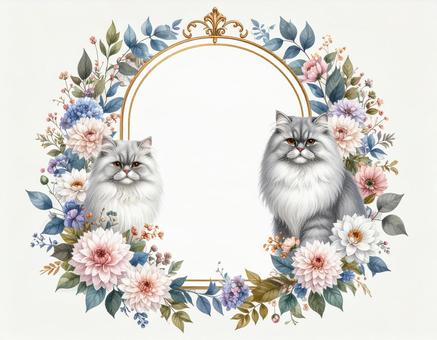 ペルシャ猫と花の額縁の素材 ペルシャ猫と花の額縁の素材の写真