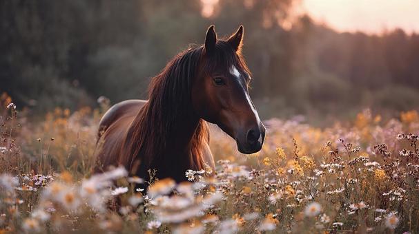 光に包まれた野生の馬の姿 光に包まれた野生の馬の姿の写真