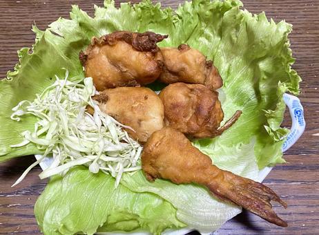 Photo, puffer fish, fried chicken, lettuce, 