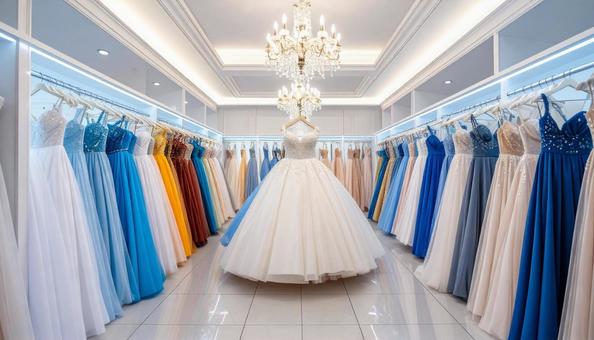 ドレスがかかる結婚式場のドレスルームの写真