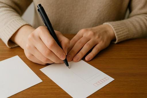 葉書を書く手元のアップ・メッセージ・便りの写真