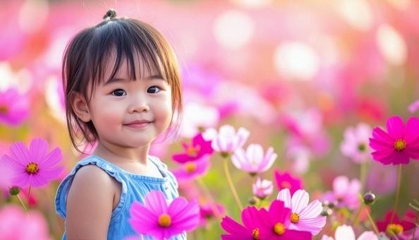 かわいい少女のポートレート コスモスの花 かわいい少女のポートレート コスモスの花の写真