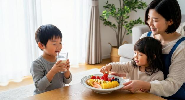 母と子供2人が食卓にいる朝食シーン 母と子供2人が食卓にいる朝食シーンの写真