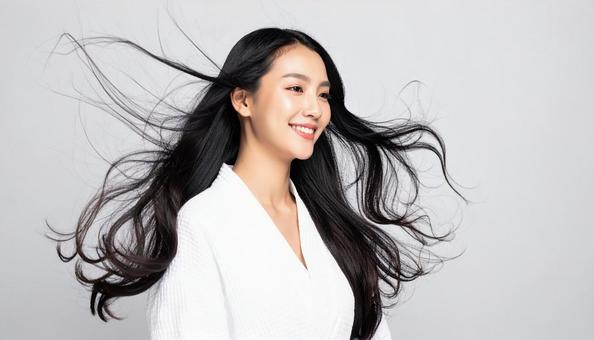 髪がなびいて笑顔の若い女性 髪がなびいて笑顔の若い女性の写真