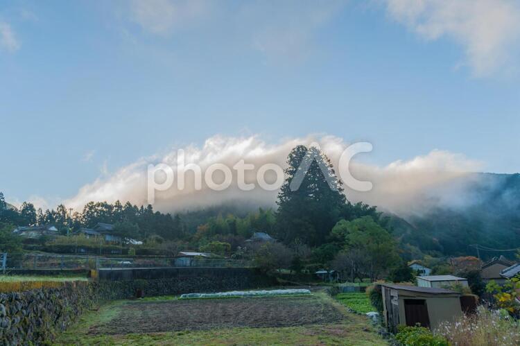 早朝の田園風景 秋,晩秋,雲の写真素材