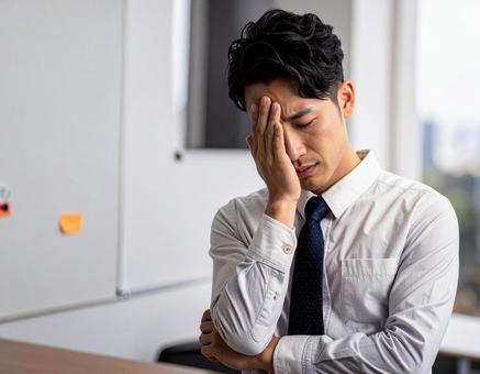 頭を抱えて頭痛に悩む男性の写真