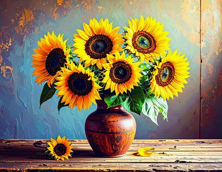花瓶に咲くひまわりの静物画 花瓶に咲くひまわりの静物画の写真