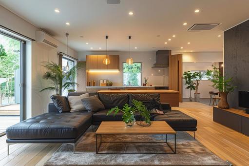 モダンな住宅のリビングとキッチン空間 モダンな住宅のリビングとキッチン空間の写真