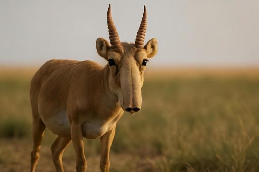 草原に佇むサイガ、ユニークな鼻を持つ珍獣 草原に佇むサイガ、ユニークな鼻を持つ珍獣の写真