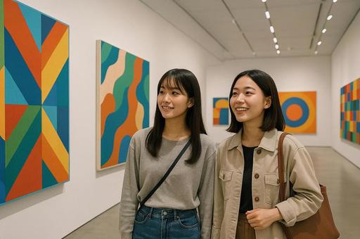 現代アートのギャラリーに訪れた女性2人組 現代アートのギャラリーに訪れた女性2人組の写真