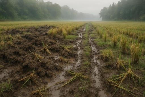 荒らされた農地と足跡 荒らされた農地と足跡の写真