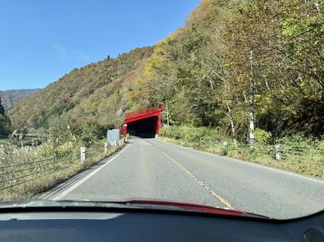 秋の山奥の道路　福井県大野市九頭竜川周辺 スノーシェッド,トンネル,道路の写真素材