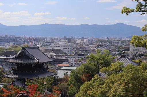 空と雲と山門のある京都の街と紅葉する木 空,山門,京都の写真素材