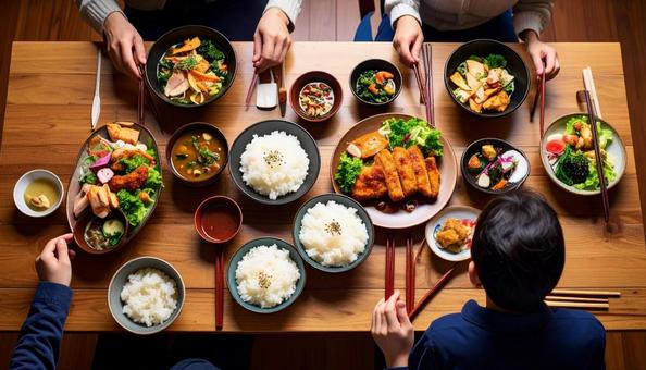 日本人家族の食卓 日本人家族の食卓の写真