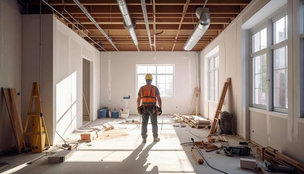 内装工事　下地むき出しの廊下の写真