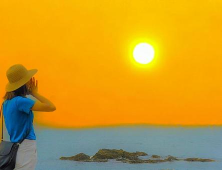 夕日に叫ぶ 夕日に叫ぶ 海,人,叫び声の写真素材