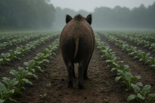 農地へ忍び寄るイノシシ 農地へ忍び寄るイノシシの写真