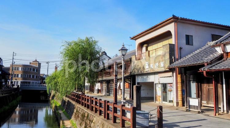 小江戸佐原の街並み・河畔の柳並木・香取市 佐原,小江戸,レトロの写真素材