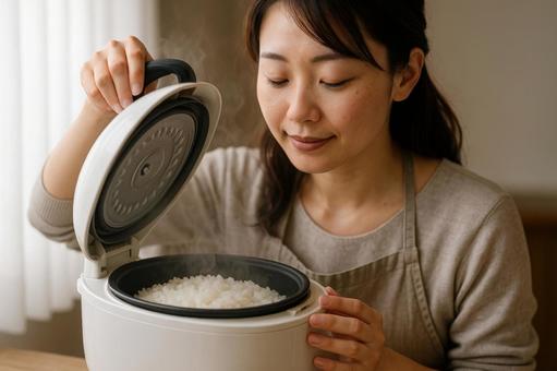 炊飯器を開ける女性 炊飯器を開ける女性の写真