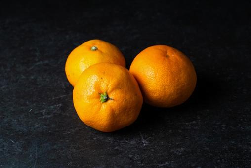 黒背景の3つのみかん みかん,果物,黒背景の写真素材