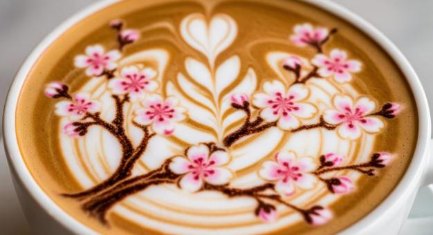 バリスタが描く桜模様のラテアート バリスタが描く桜模様のラテアート の写真
