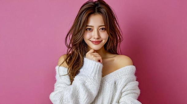 白ニットで肩を出したおしゃれな女性 白ニットで肩を出したおしゃれな女性の写真