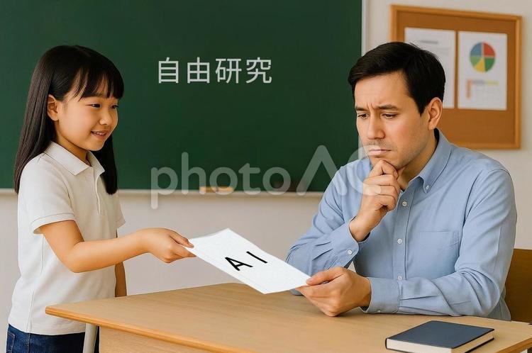 AI作成の自由研究と小学生と困惑する教師 ai,生成ai,夏休みの宿題の写真素材