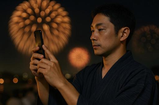 スマホで花火を撮る男性の写真